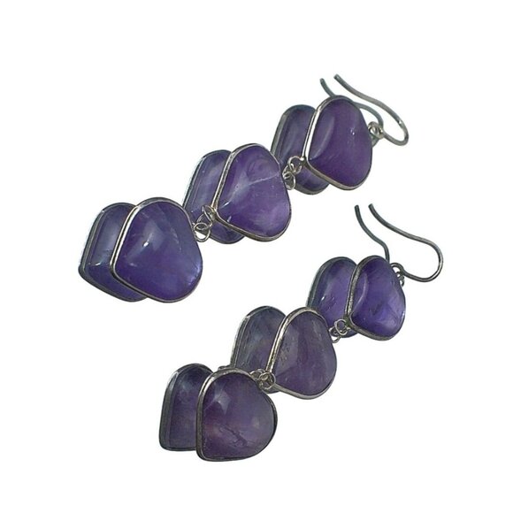 Amethyst Crystal Heart Dangle Earrings Sterling Silver Handmade - Picture 2 of 5